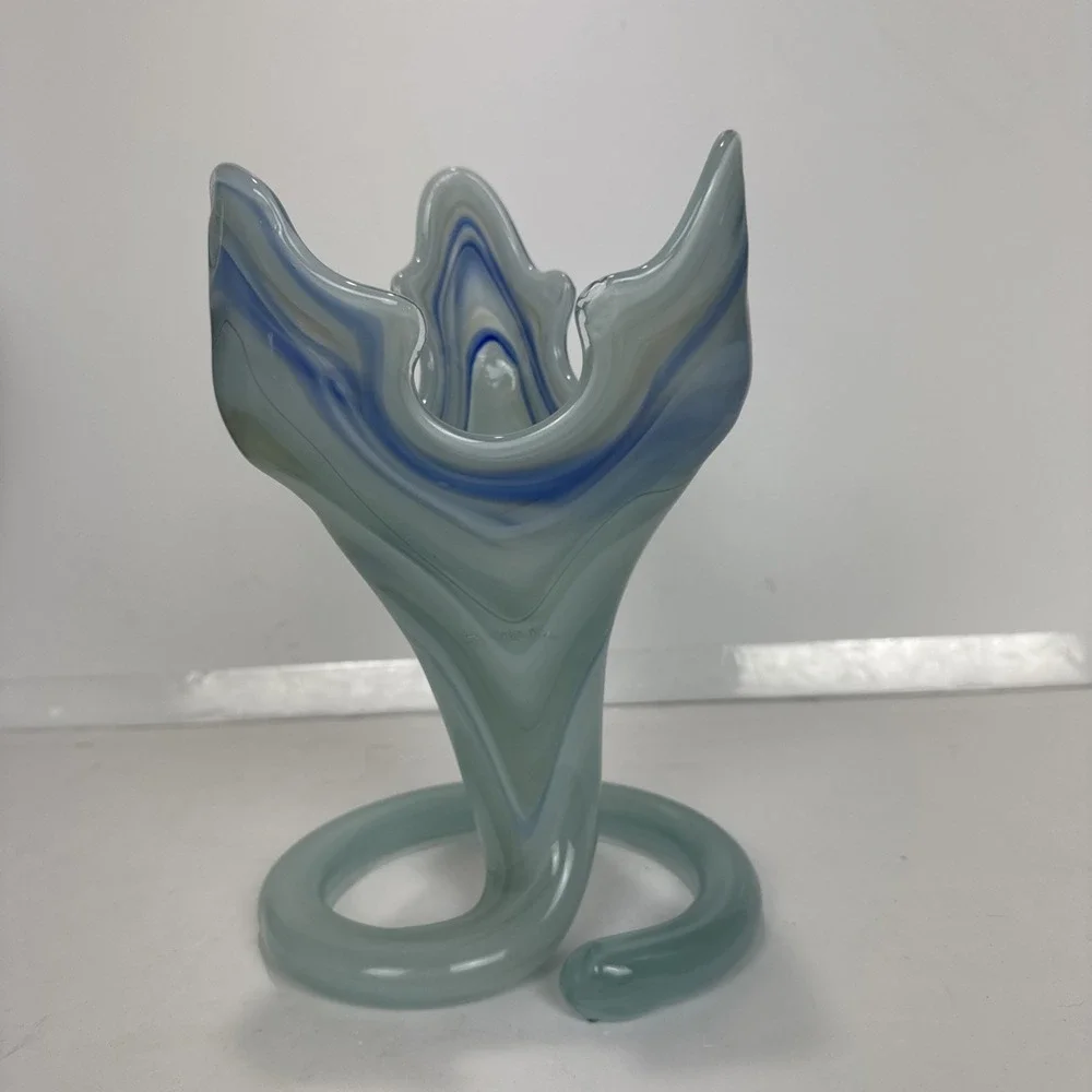 VTG Y2K Hand Blown Art Glass Swirl Vase OS Blue Green Ruffled Spiral